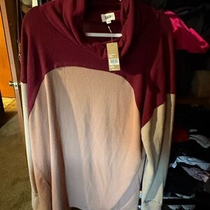 BKE Burgundy and Tan Cowl Neck Sweater